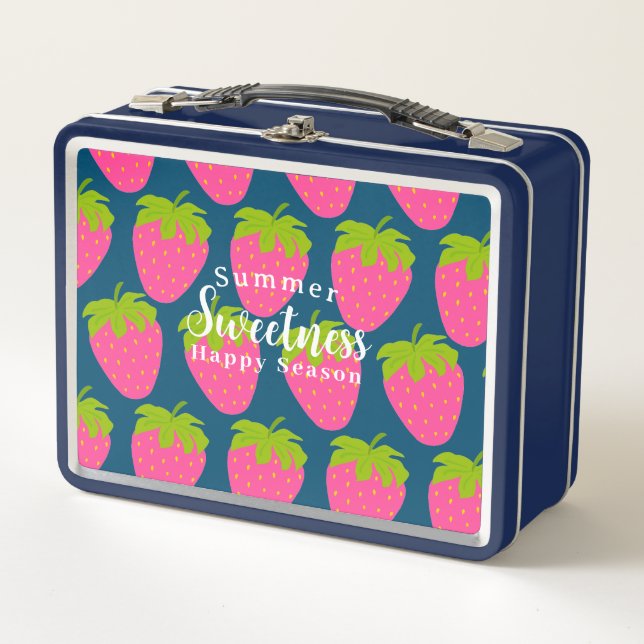 Strawberry Turquoise Blue Metal Lunch Box (Front)