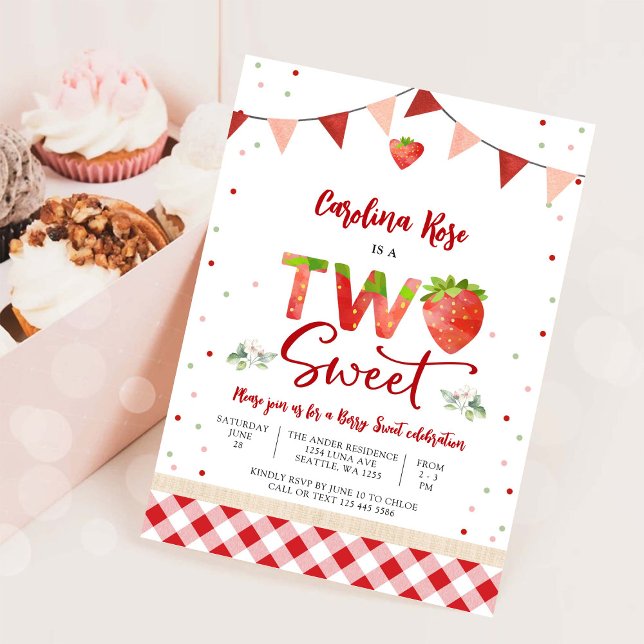 Strawberry Two Sweet Birthday Invitation (Creator Uploaded)