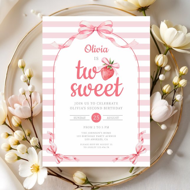 Strawberry Two Sweet Girl 2nd Birthday Invitation (Strawberry Two Sweet Girl 2nd Birthday Invitation)