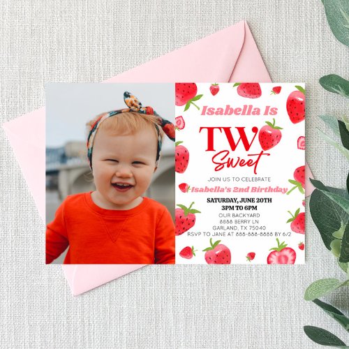 Strawberry Two Sweet Picture 2nd Birthday Party Invitation