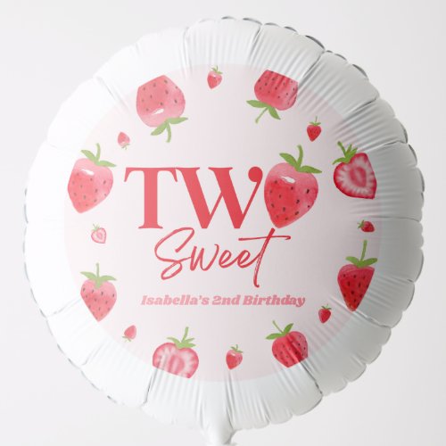 Strawberry Two Sweet Pink Red 2nd Birthday Party Balloon