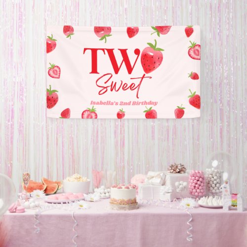 Strawberry Two Sweet Pink Red 2nd Birthday Party Banner