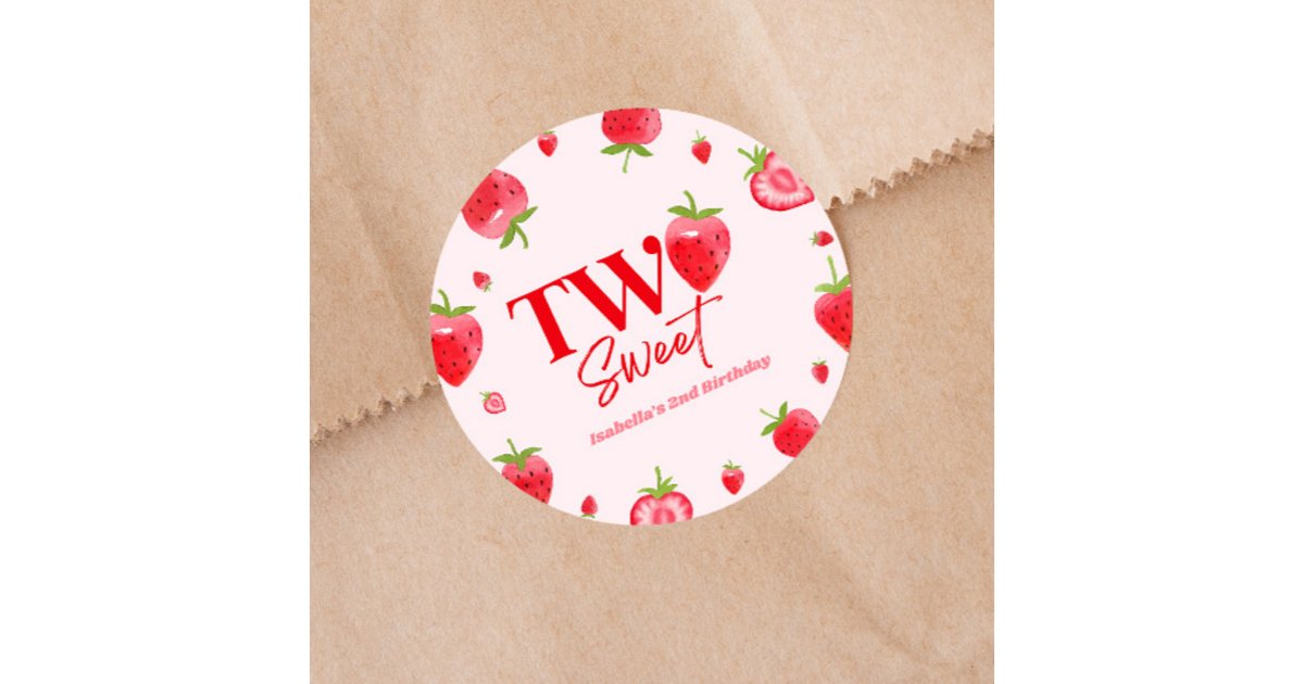 Strawberry Two Sweet Pink Red 2nd Birthday Party Classic Round Sticker ...