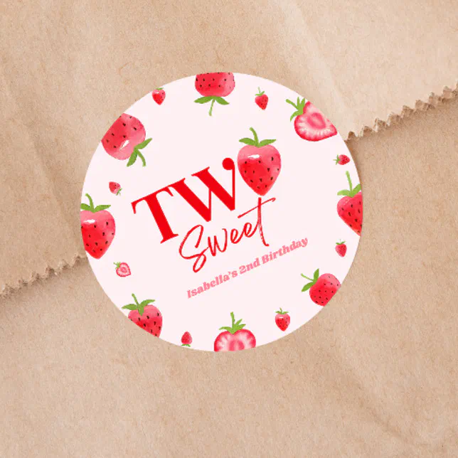 Strawberry Two Sweet Pink Red 2nd Birthday Party Classic Round Sticker ...