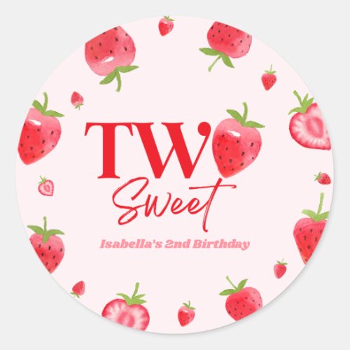 Strawberry Two Sweet Pink Red 2nd Birthday Party Classic Round Sticker