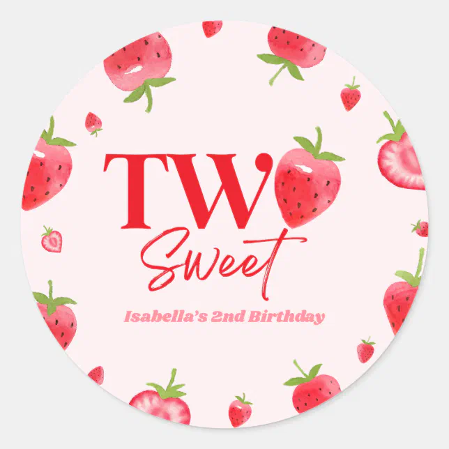 Strawberry Two Sweet Pink Red 2nd Birthday Party Classic Round Sticker ...