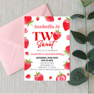 Strawberry Two Sweet Pink Red 2nd Birthday Party Invitation