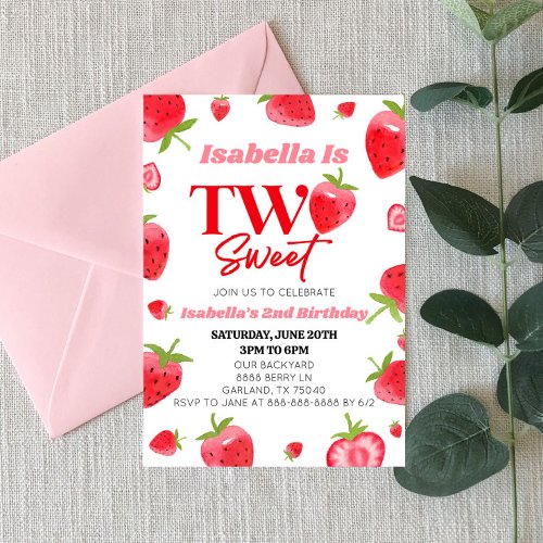 Strawberry Two Sweet Pink Red 2nd Birthday Party Invitation
