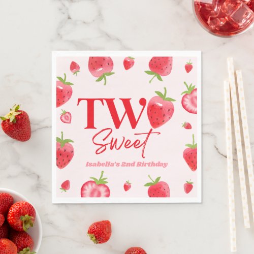 Strawberry Two Sweet Pink Red 2nd Birthday Party Napkins