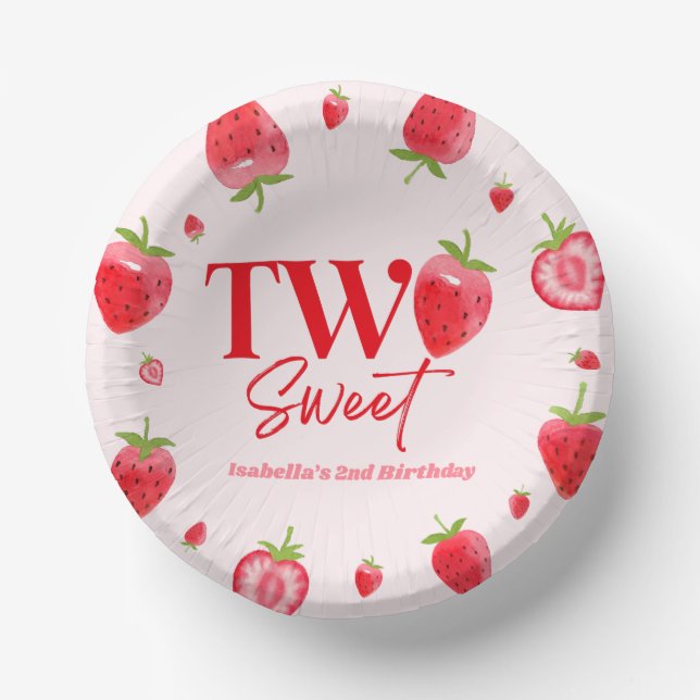 Strawberry Two Sweet Pink Red 2nd Birthday Party Paper Bowls (Front)