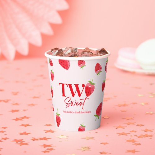 Strawberry Two Sweet Pink Red 2nd Birthday Party Paper Cups