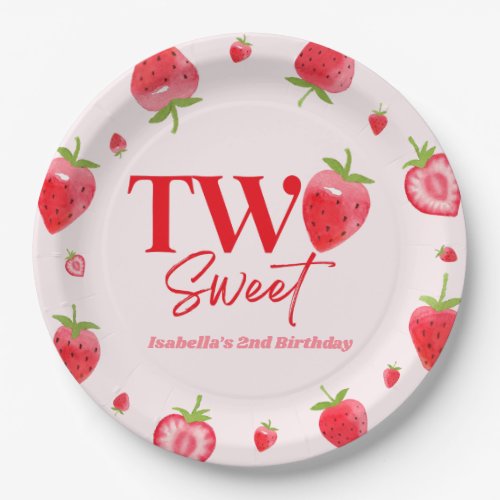 Strawberry Two Sweet Pink Red 2nd Birthday Party Paper Plates