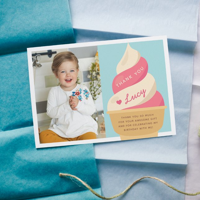 Strawberry Vanilla Ice Cream Kids Birthday Photo Thank You Card (Creator Uploaded)