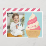 Strawberry Vanilla Ice Cream Kids Birthday Photo Thank You Card<br><div class="desc">Designed to match our soft serve ice cream kids' birthday party invitations,  these cute thank you cards feature a pink strawberry and vanilla soft serve swirl cone with "thank you" and a signature in cute retro vintage style lettering. Personalize with a birthday party photo and a pre-printed message.</div>