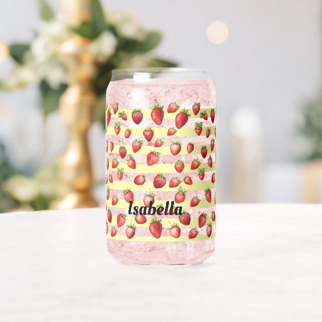 Strawberry Vanilla Stripes Personalize  Can Glass (Insitu (Wedding))