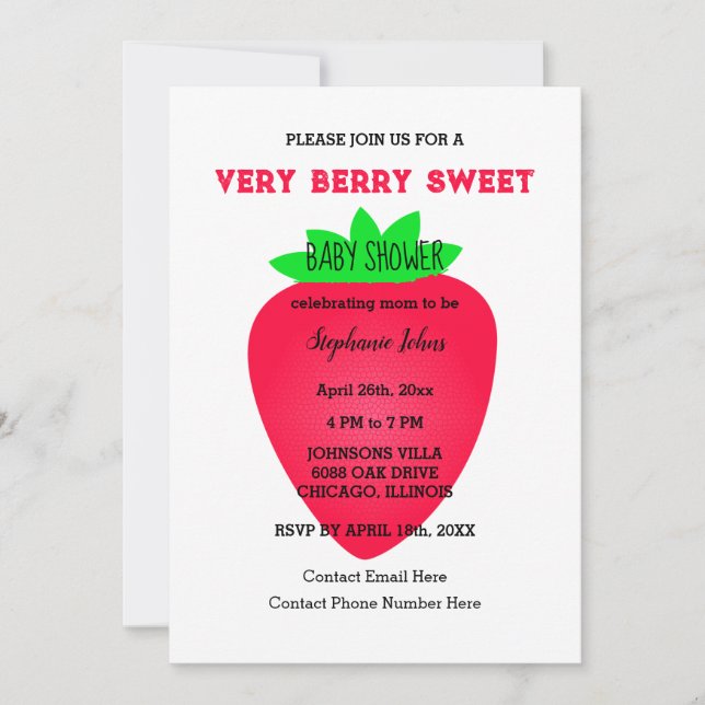 Strawberry Very Berry Sweet Baby Shower QR Code Invitation (Front)