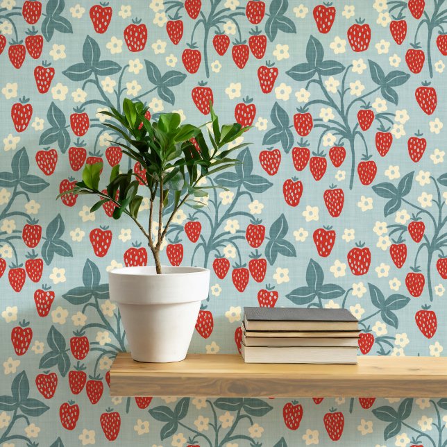 Strawberry Vine Heritage Cottage Style Wallpaper (Vintage inspired strawberry plant pattern wallpaper)