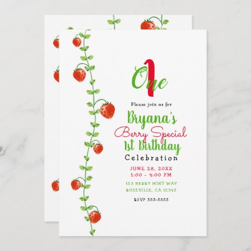 Strawberry Vine Red Berries 1 One 1st Birthday Invitation