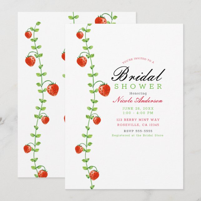 Strawberry Vine Red Berries Bridal Shower Invitation (Front/Back)