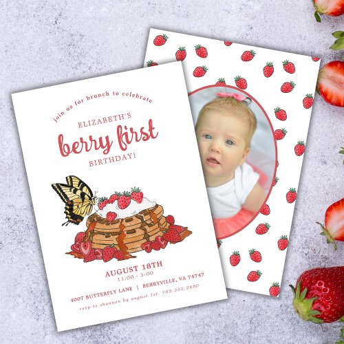 Strawberry Waffles Brunch   Berry First Birthday  Invitation