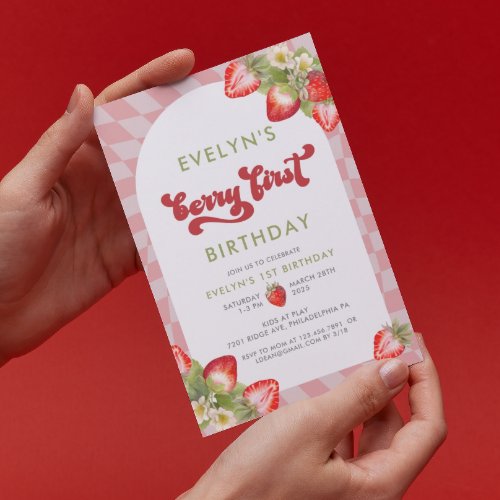 Strawberry Watercolor Berry First Birthday Invitation