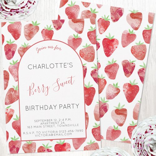 Strawberry Watercolor Birthday Party Invitation