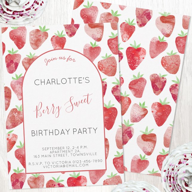 Strawberry Watercolor Birthday Party Invitation (Strawberry watercolor custom birthday party invitation with digital download and print options)