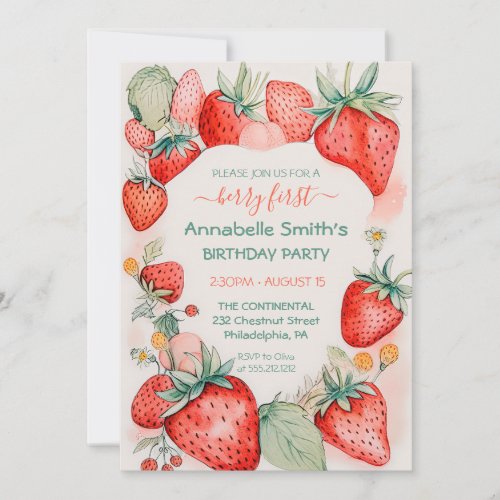 Strawberry Watercolor Cute Berry First Birthday Invitation