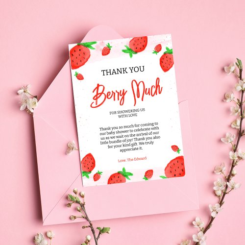 Strawberry watercolor Girl Baby Shower  Thank You Card