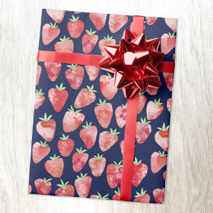 Strawberry Watercolor Navy Blue Wrapping Paper