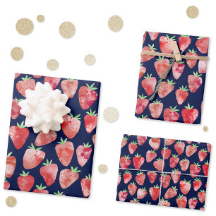 Strawberry Watercolor Navy Blue Wrapping Paper Sheets