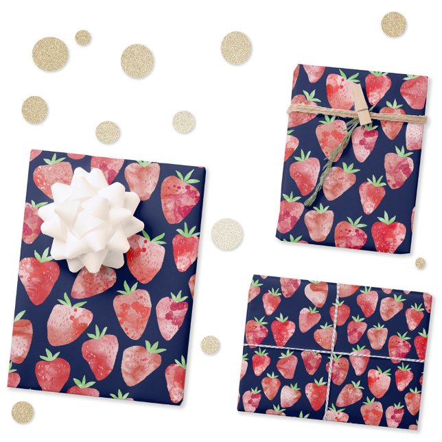 Strawberry Watercolor Navy Blue Wrapping Paper Sheets (Watercolor strawberry pattern on a dark navy blue background on gift wrapping sheets)