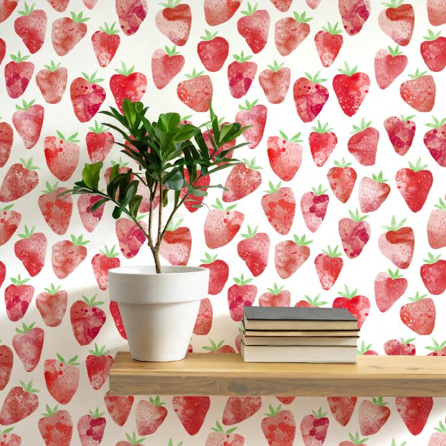 Strawberry Watercolor Pattern Modern Wallpaper (Strawberry watercolor pattern wallpaper)