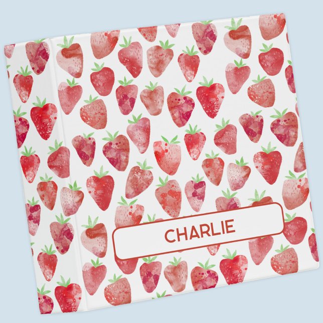 Strawberry Watercolor Personalized 3 Ring Binder (Strawberry watercolor pattern personalized name 3 ring binder)