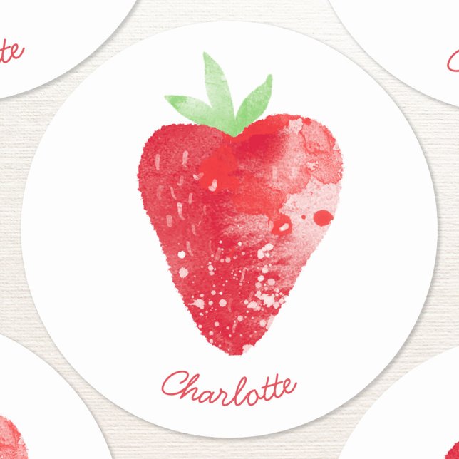 Strawberry Watercolor Personalized Classic Round Sticker (Sweet watercolor strawberry fruit painting with modern script personalized name on a round sticker)