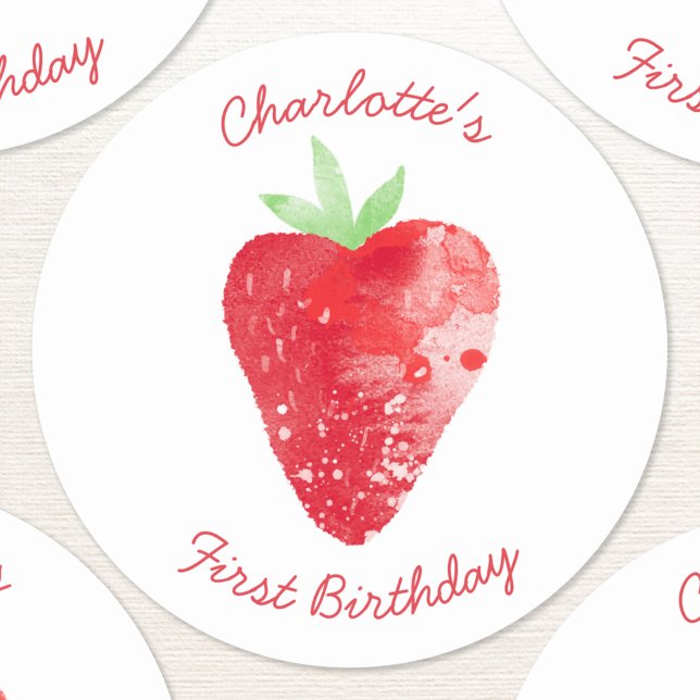 Strawberry Watercolor Personalized First Birthday Classic Round Sticker (Sweet strawberry watercolor personalized first birthday party sticker)