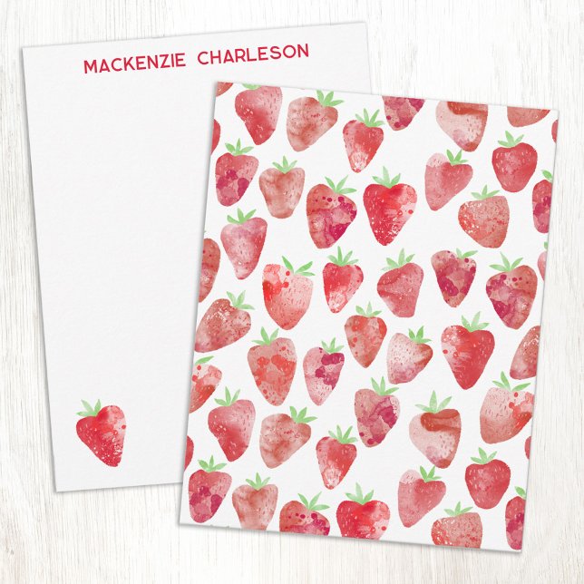 Strawberry Watercolor Personalized Note Card (Strawberry watercolor art pattern personalized custom name or text notecards)