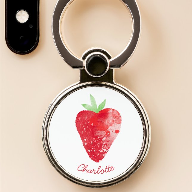 Strawberry Watercolor Personalized Phone Ring Stand (Strawberry watercolor art personalized script name phone ring stand)