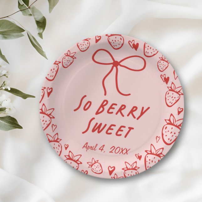 Strawberry Whimsical Coquette Bow Girls Birthday Paper Plates (Creator Uploaded)