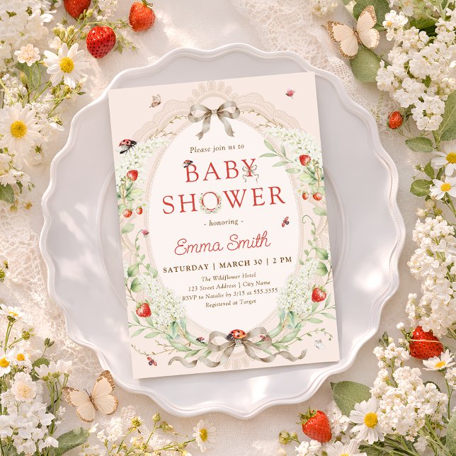Strawberry Whimsical Ladybug Baby Shower Invitation (Creator Uploaded)