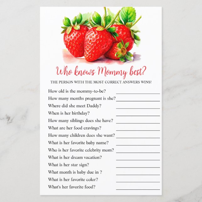 Strawberry "Who Knows Mommy Best" Baby Shower Game (Front)