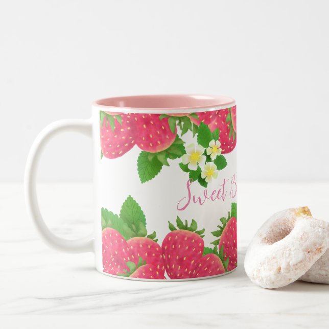 Strawberry With Flowers Two-Tone Coffee Mug (With Donut)