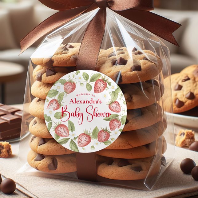 Strawberry Woodland Baby Shower Classic Round Sticker (Creator Uploaded)