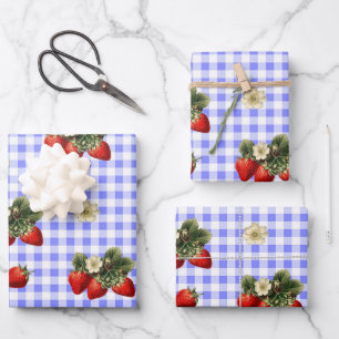 Strawberry wrapping paper on blue gingham