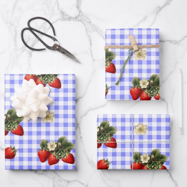 Strawberry wrapping paper on blue gingham (Front)