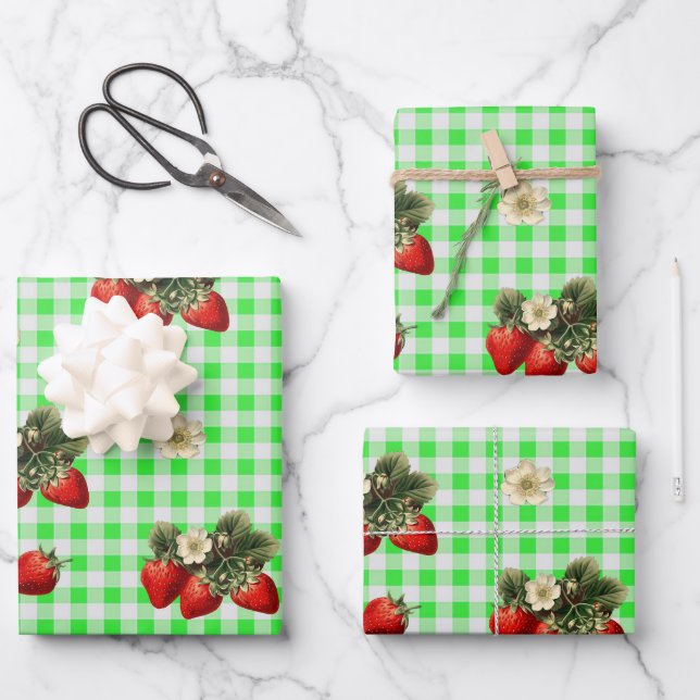 Strawberry wrapping paper on green gingham (Front)