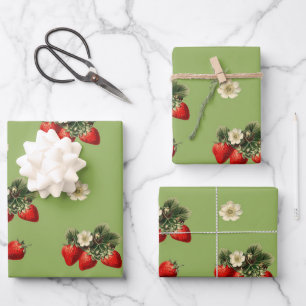 Strawberry wrapping paper on moss green