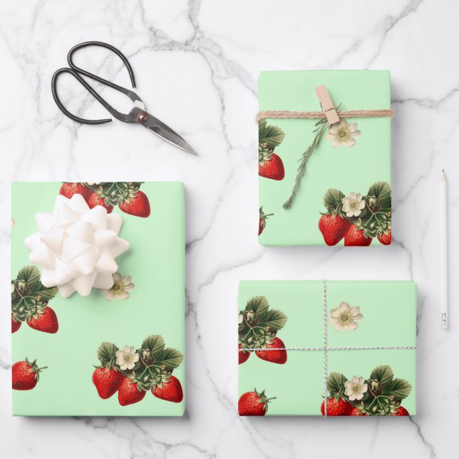 Strawberry wrapping paper with blossoms on green (Front)