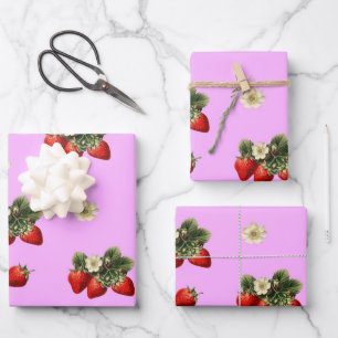 Strawberry wrapping paper with blossoms on pink