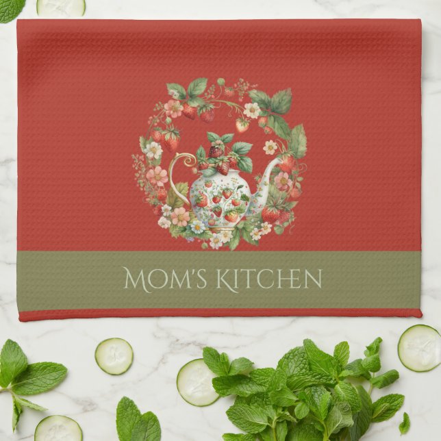 Strawberry Wreath and Tea Pot Mom's Kitchen Towel (Folded)
